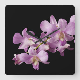 Reloj Cuadrado Flor rosada en negro - orquídeas de la orquídea