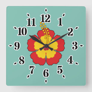 Reloj Cuadrado Flor tropical hibiscus roja