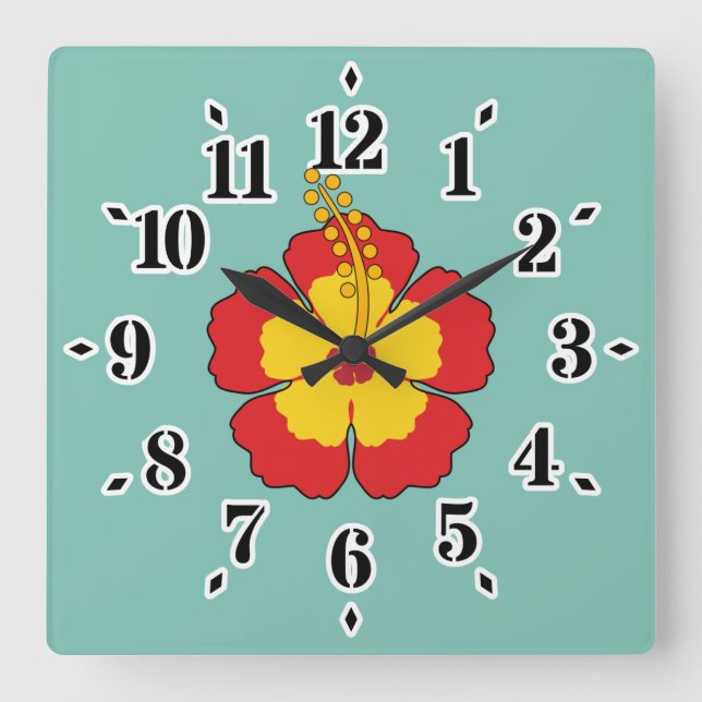 Reloj Cuadrado Flor tropical hibiscus roja (Anverso)