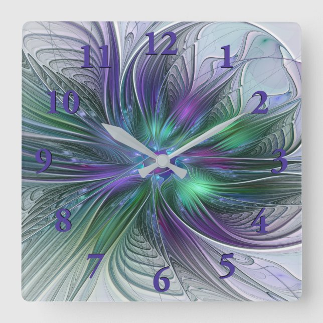 Reloj Cuadrado Flor verde morada Moderna Resumen arte fractal (Anverso)