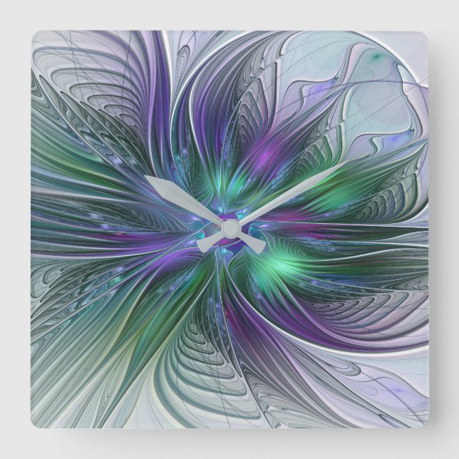 Reloj Cuadrado Flor verde morada Moderna Resumen arte fractal (Anverso)