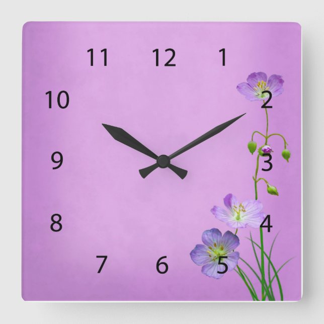Reloj Cuadrado Flor violeta en morado (Anverso)