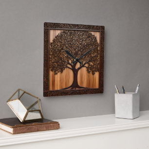 Reloj Cuadrado Flora Australiana: Impresión de madera de Wattle T