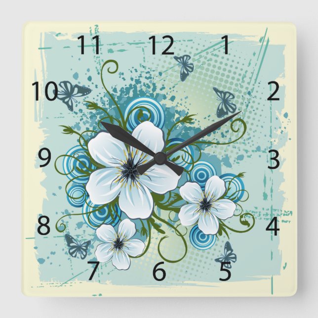 Reloj Cuadrado Flora azul veraniega y mariposas (Anverso)