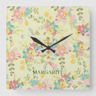 Reloj Cuadrado Floraciones verdes rosas amarillas personalizadas