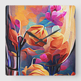 Reloj Cuadrado Floral Abstract Art Orange Red Blue Flowers