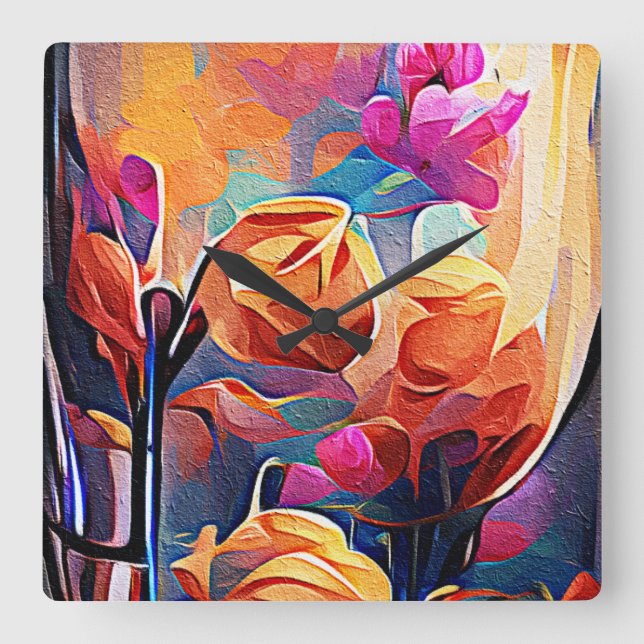 Reloj Cuadrado Floral Abstract Art Orange Red Blue Flowers (Anverso)