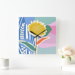 Reloj Cuadrado Floral abstracto Dandelion Bloques de color Modern