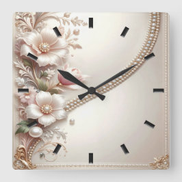 Reloj Cuadrado Floral and Pearl Embellishments Wall Clock