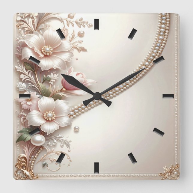 Reloj Cuadrado Floral and Pearl Embellishments Wall Clock (Anverso)