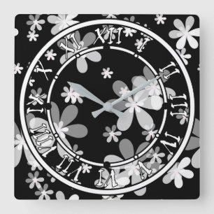 Reloj Cuadrado floral blanca negra