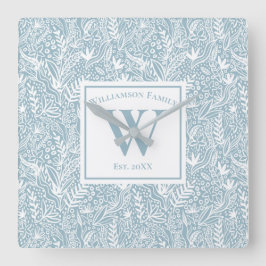 Reloj Cuadrado Floral blanca y azul de pizarra personalizada