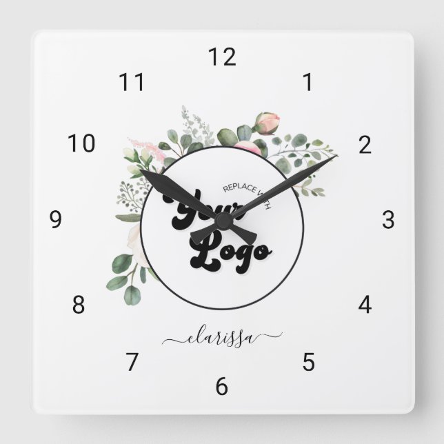 Reloj Cuadrado Floral Business Company Custom Logo & Name Girly (Anverso)