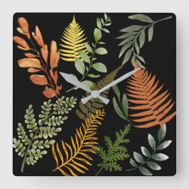 Reloj Cuadrado Floral de follaje botánico de Fern oscuro y colori