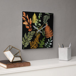 Reloj Cuadrado Floral de follaje botánico de Fern oscuro y colori