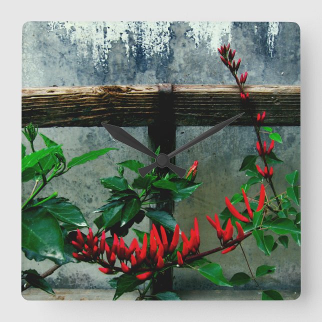 Reloj Cuadrado Floral de jardín rústico (Anverso)