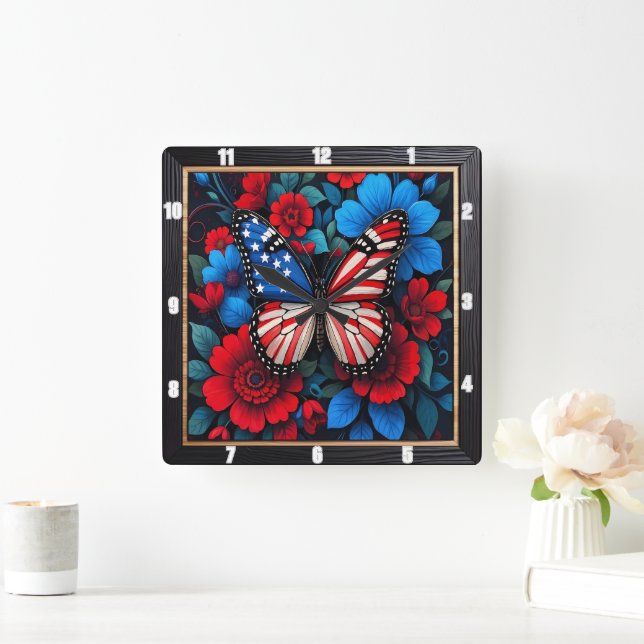 Reloj Cuadrado Floral de mariposa patriótica (Hogar)