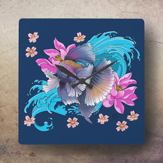 Reloj Cuadrado Floral de pescado en la lucha de los siameses (Subido por el creador)