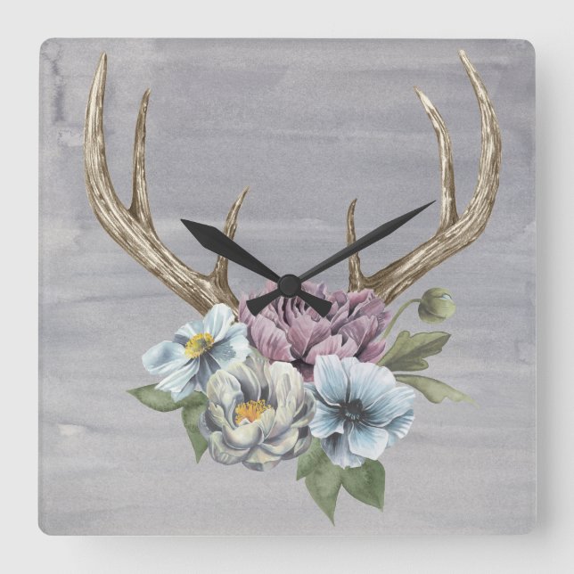 Reloj Cuadrado Floral Deer Antlers (Anverso)