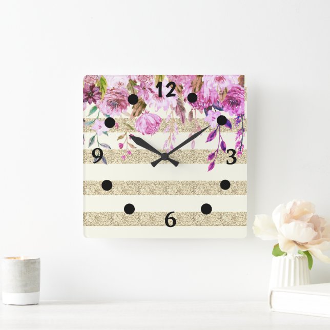 Reloj Cuadrado Floral Dorado Rayado Elegante (Hogar)