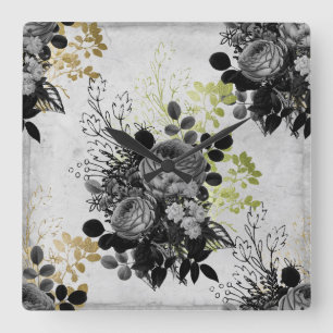 Reloj Cuadrado Floral Ephemera de oro y negro