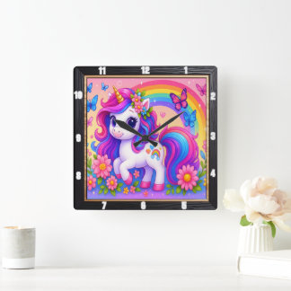 Reloj Cuadrado Floral feliz de unicornio arcoiris