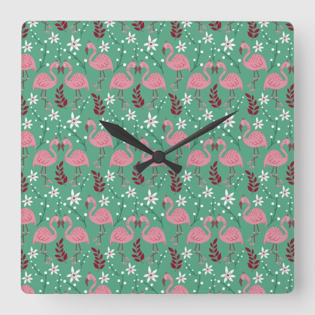 Reloj Cuadrado Floral flamingo seamless pattern pink green (Anverso)