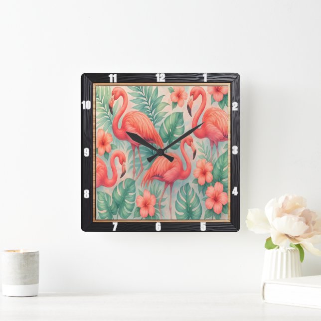 Reloj Cuadrado Floral Flamingo Tropical (Hogar)