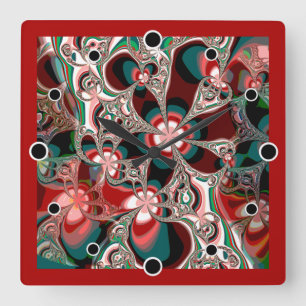 Reloj Cuadrado Floral fractal en tonos rojos y verdes