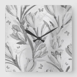 Reloj Cuadrado Floral gris plateado Grado Monocromático Mariposa