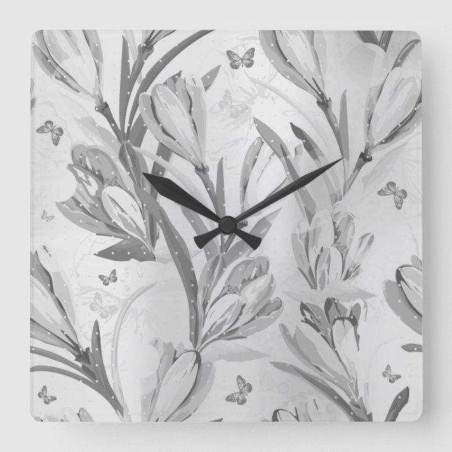 Reloj Cuadrado Floral gris plateado Grado Monocromático Mariposa (Anverso)