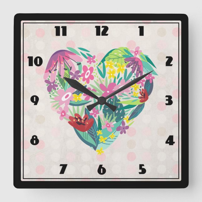 Reloj Cuadrado Floral Heart Illustration in Pink and Green (Anverso)