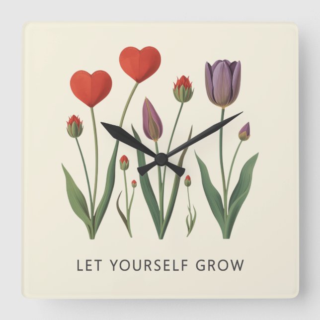 Reloj Cuadrado Floral Heart Tulips Let Yourself Grow Quote (Anverso)