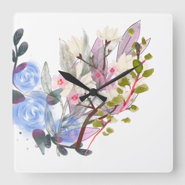 Reloj Cuadrado Floral Leaves Art – Elegant Flowers and Botanical (Anverso)