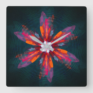Reloj Cuadrado Floral Mandala Flores Naranja Azul Rojo Resumen