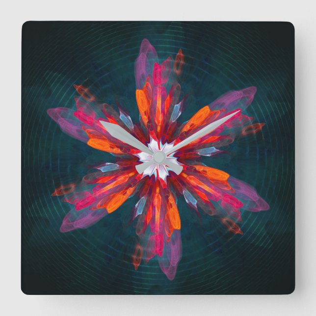 Reloj Cuadrado Floral Mandala Flores Naranja Azul Rojo Resumen (Anverso)