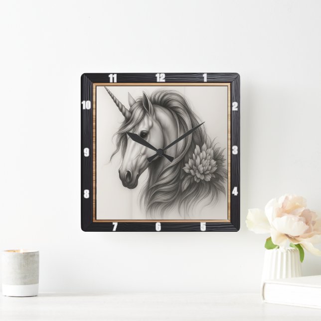 Reloj Cuadrado Floral monocromática unicornio (Hogar)