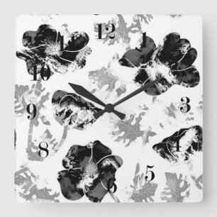 Reloj Cuadrado Floral, negro y blanco