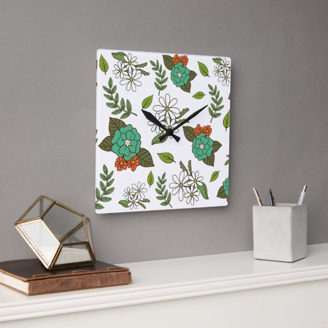 Reloj Cuadrado Floral Retro Blanco y Verde (Oficina)