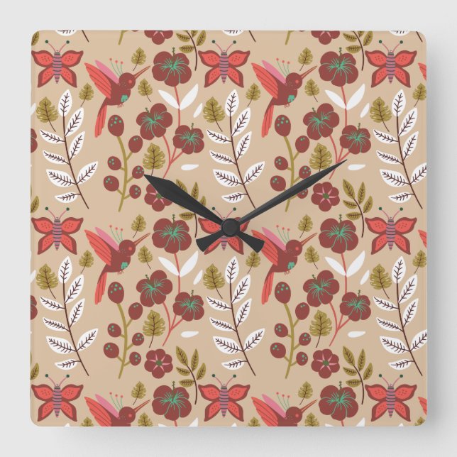 Reloj Cuadrado Floral seamless pattern flowers, birds, butterfly (Anverso)