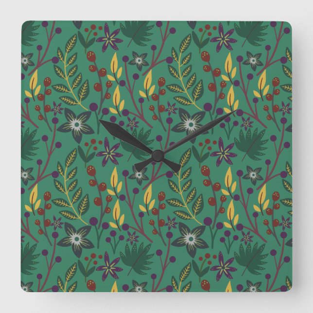 Reloj Cuadrado Floral seamless pattern flowers green background (Anverso)