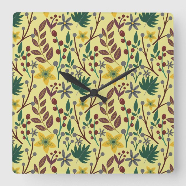 Reloj Cuadrado Floral seamless pattern flowers, leaves, branches (Anverso)