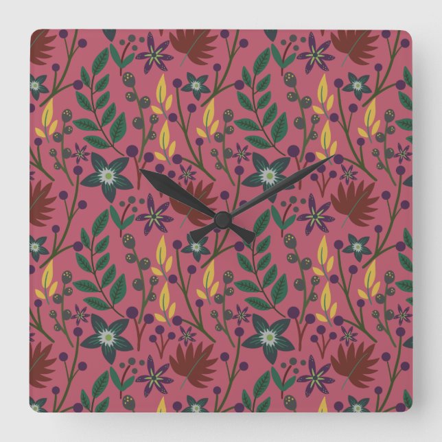 Reloj Cuadrado Floral seamless pattern pink flowers leaves branch (Anverso)
