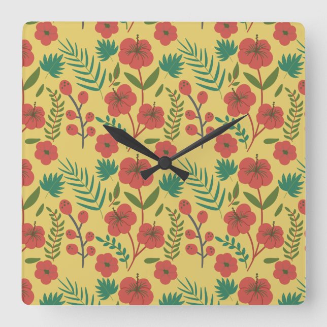 Reloj Cuadrado Floral seamless pattern red yellow green flowers (Anverso)