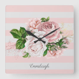 Reloj Cuadrado Floral Vintage Rayado Rosa 