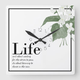 Reloj Cuadrado Floral Violets White on White Life Quote Square