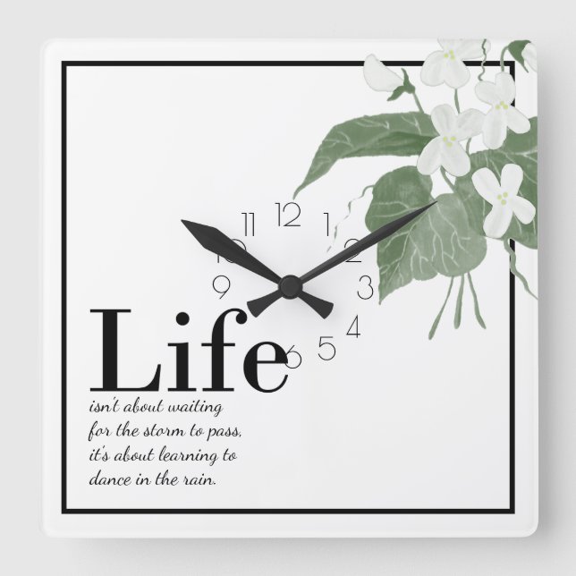 Reloj Cuadrado Floral Violets White on White Life Quote   Square  (Anverso)