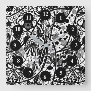 Reloj Cuadrado Floral Wall Clock Black and White Design