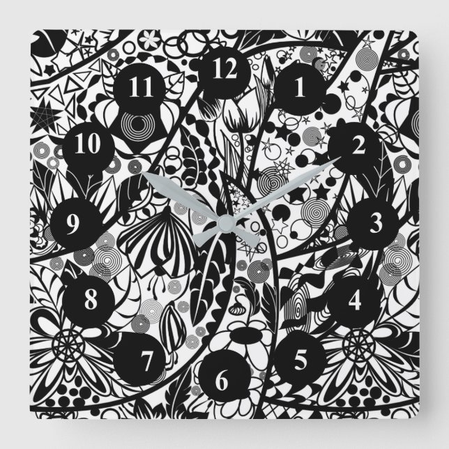 Reloj Cuadrado Floral Wall Clock Black and White Design (Anverso)