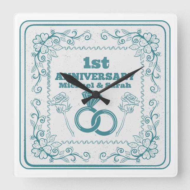 Reloj Cuadrado Floral wedding Anniversary Customizable year (Anverso)